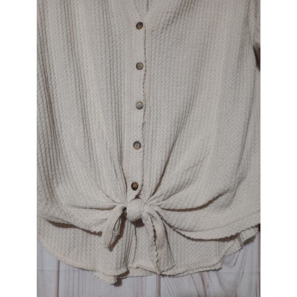 Allison‎ Joy Sweater Womens Medium Beige Button Up Tie Front Waffle Knit Top USA - Picture 3 of 7